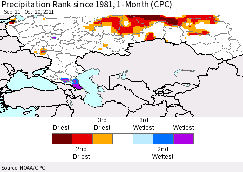 Russian Federation Precipitation Rank since 1981, 1-Month (CPC) Thematic Map For 9/21/2021 - 10/20/2021