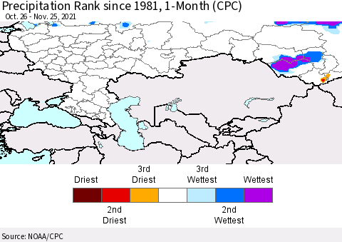 Russian Federation Precipitation Rank since 1981, 1-Month (CPC) Thematic Map For 10/26/2021 - 11/25/2021