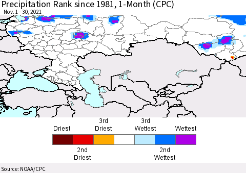 Russian Federation Precipitation Rank since 1981, 1-Month (CPC) Thematic Map For 11/1/2021 - 11/30/2021