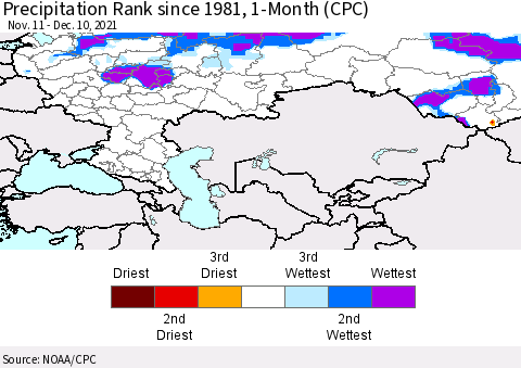 Russian Federation Precipitation Rank since 1981, 1-Month (CPC) Thematic Map For 11/11/2021 - 12/10/2021