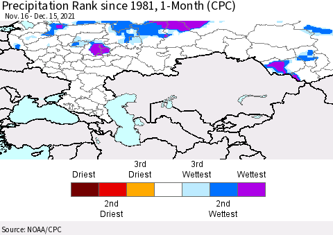 Russian Federation Precipitation Rank since 1981, 1-Month (CPC) Thematic Map For 11/16/2021 - 12/15/2021