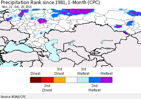 Russian Federation Precipitation Rank since 1981, 1-Month (CPC) Thematic Map For 11/21/2021 - 12/20/2021