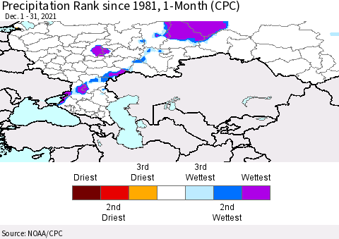 Russian Federation Precipitation Rank since 1981, 1-Month (CPC) Thematic Map For 12/1/2021 - 12/31/2021
