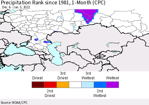 Russian Federation Precipitation Rank since 1981, 1-Month (CPC) Thematic Map For 12/6/2021 - 1/5/2022