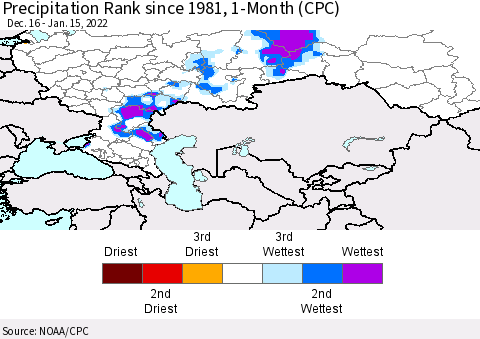 Russian Federation Precipitation Rank since 1981, 1-Month (CPC) Thematic Map For 12/16/2021 - 1/15/2022