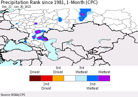 Russian Federation Precipitation Rank since 1981, 1-Month (CPC) Thematic Map For 12/21/2021 - 1/20/2022