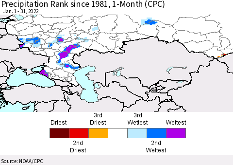 Russian Federation Precipitation Rank since 1981, 1-Month (CPC) Thematic Map For 1/1/2022 - 1/31/2022