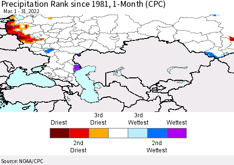 Russian Federation Precipitation Rank since 1981, 1-Month (CPC) Thematic Map For 3/1/2022 - 3/31/2022
