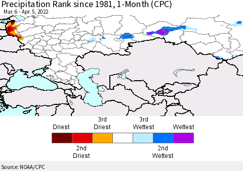 Russian Federation Precipitation Rank since 1981, 1-Month (CPC) Thematic Map For 3/6/2022 - 4/5/2022