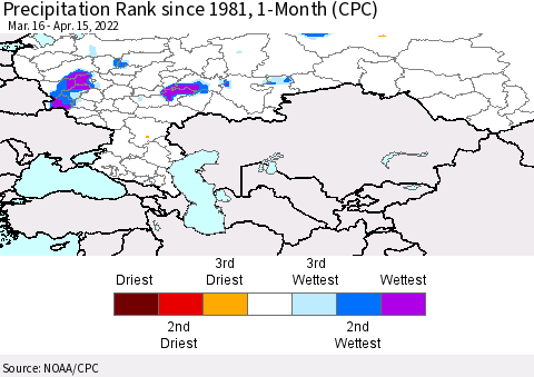 Russian Federation Precipitation Rank since 1981, 1-Month (CPC) Thematic Map For 3/16/2022 - 4/15/2022
