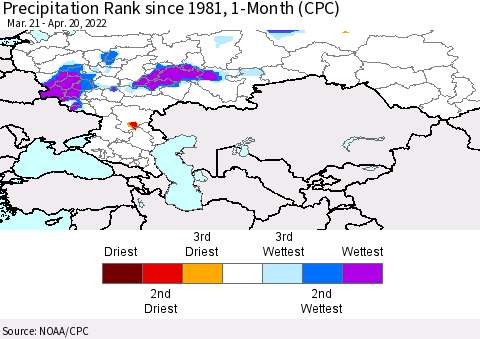 Russian Federation Precipitation Rank since 1981, 1-Month (CPC) Thematic Map For 3/21/2022 - 4/20/2022