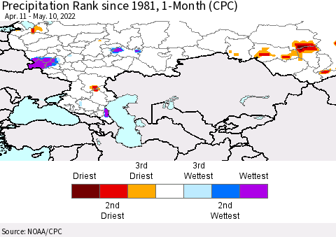Russian Federation Precipitation Rank since 1981, 1-Month (CPC) Thematic Map For 4/11/2022 - 5/10/2022