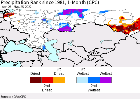 Russian Federation Precipitation Rank since 1981, 1-Month (CPC) Thematic Map For 4/26/2022 - 5/25/2022