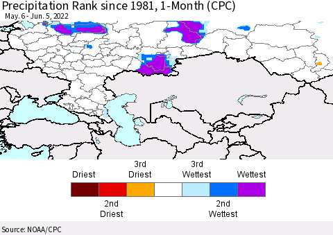 Russian Federation Precipitation Rank since 1981, 1-Month (CPC) Thematic Map For 5/6/2022 - 6/5/2022