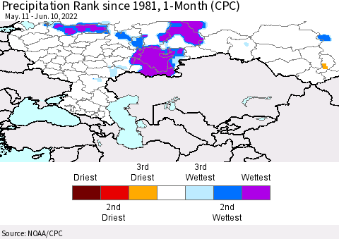 Russian Federation Precipitation Rank since 1981, 1-Month (CPC) Thematic Map For 5/11/2022 - 6/10/2022