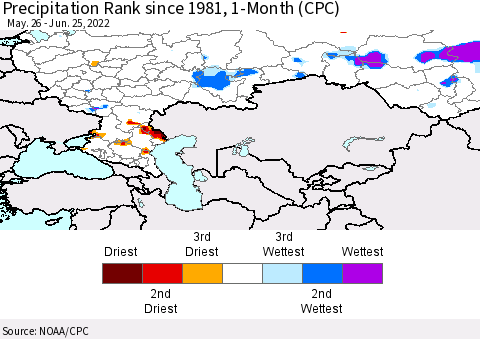 Russian Federation Precipitation Rank since 1981, 1-Month (CPC) Thematic Map For 5/26/2022 - 6/25/2022