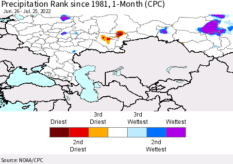 Russian Federation Precipitation Rank since 1981, 1-Month (CPC) Thematic Map For 6/26/2022 - 7/25/2022