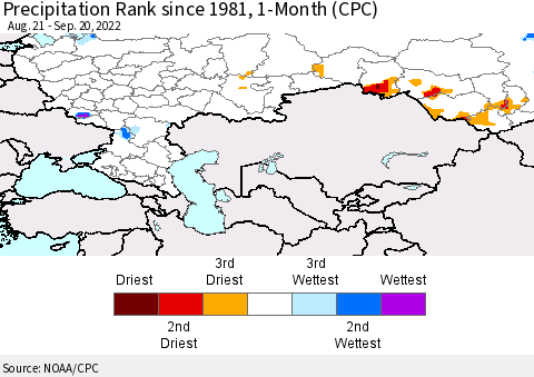 Russian Federation Precipitation Rank since 1981, 1-Month (CPC) Thematic Map For 8/21/2022 - 9/20/2022