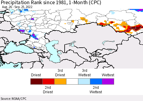 Russian Federation Precipitation Rank since 1981, 1-Month (CPC) Thematic Map For 8/26/2022 - 9/25/2022