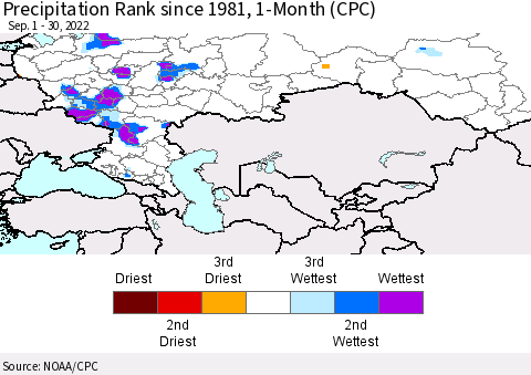 Russian Federation Precipitation Rank since 1981, 1-Month (CPC) Thematic Map For 9/1/2022 - 9/30/2022