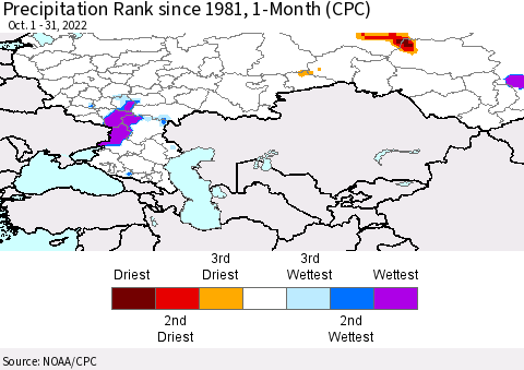 Russian Federation Precipitation Rank since 1981, 1-Month (CPC) Thematic Map For 10/1/2022 - 10/31/2022