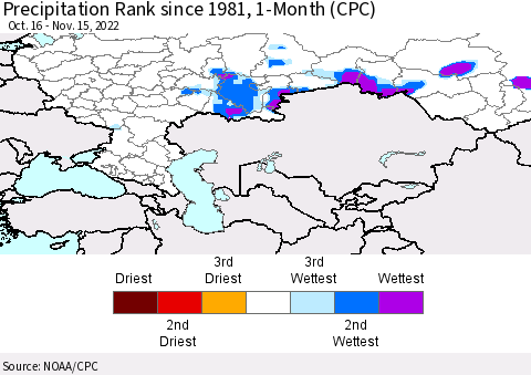 Russian Federation Precipitation Rank since 1981, 1-Month (CPC) Thematic Map For 10/16/2022 - 11/15/2022