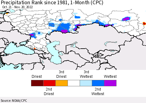 Russian Federation Precipitation Rank since 1981, 1-Month (CPC) Thematic Map For 10/21/2022 - 11/20/2022