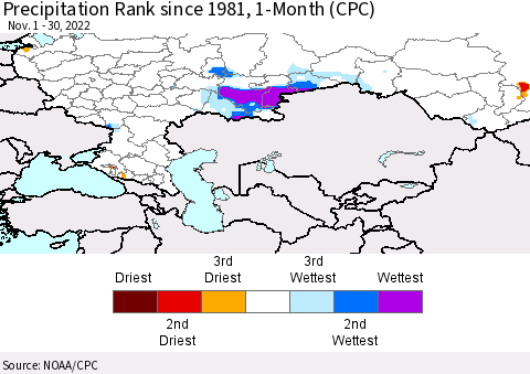 Russian Federation Precipitation Rank since 1981, 1-Month (CPC) Thematic Map For 11/1/2022 - 11/30/2022