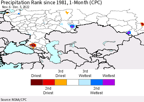 Russian Federation Precipitation Rank since 1981, 1-Month (CPC) Thematic Map For 11/6/2022 - 12/5/2022