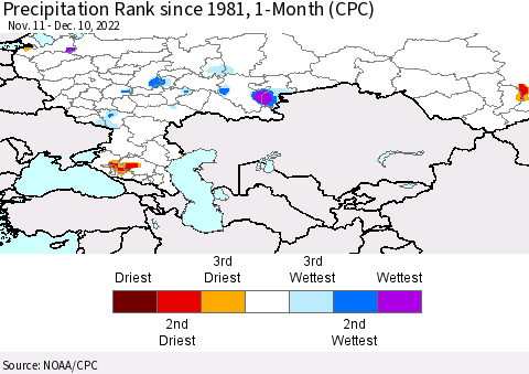 Russian Federation Precipitation Rank since 1981, 1-Month (CPC) Thematic Map For 11/11/2022 - 12/10/2022