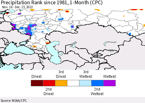 Russian Federation Precipitation Rank since 1981, 1-Month (CPC) Thematic Map For 11/16/2022 - 12/15/2022