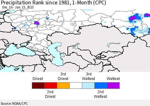 Russian Federation Precipitation Rank since 1981, 1-Month (CPC) Thematic Map For 12/16/2022 - 1/15/2023