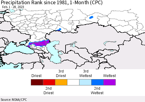 Russian Federation Precipitation Rank since 1981, 1-Month (CPC) Thematic Map For 2/1/2023 - 2/28/2023