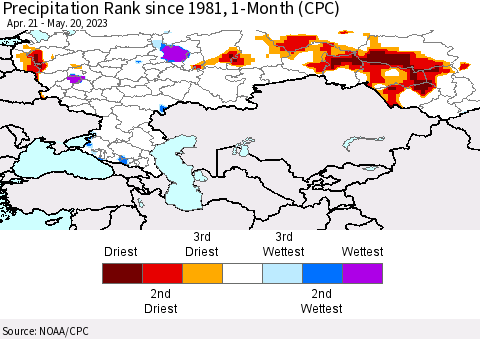 Russian Federation Precipitation Rank since 1981, 1-Month (CPC) Thematic Map For 4/21/2023 - 5/20/2023