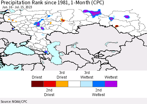 Russian Federation Precipitation Rank since 1981, 1-Month (CPC) Thematic Map For 6/16/2023 - 7/15/2023