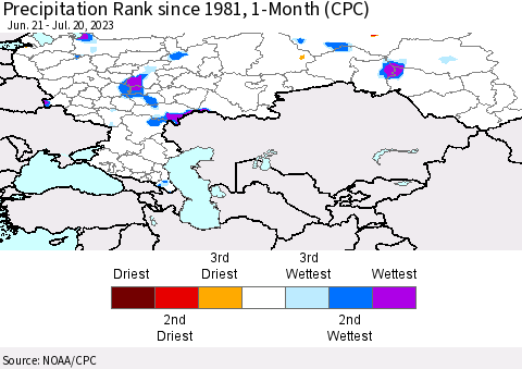 Russian Federation Precipitation Rank since 1981, 1-Month (CPC) Thematic Map For 6/21/2023 - 7/20/2023