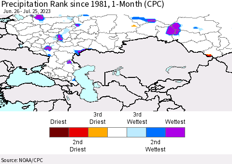 Russian Federation Precipitation Rank since 1981, 1-Month (CPC) Thematic Map For 6/26/2023 - 7/25/2023