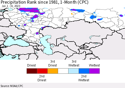 Russian Federation Precipitation Rank since 1981, 1-Month (CPC) Thematic Map For 7/1/2023 - 7/31/2023