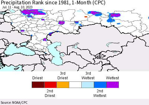 Russian Federation Precipitation Rank since 1981, 1-Month (CPC) Thematic Map For 7/11/2023 - 8/10/2023