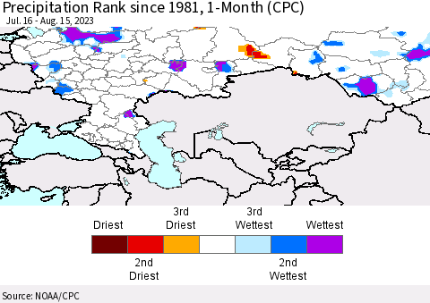Russian Federation Precipitation Rank since 1981, 1-Month (CPC) Thematic Map For 7/16/2023 - 8/15/2023