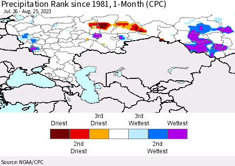 Russian Federation Precipitation Rank since 1981, 1-Month (CPC) Thematic Map For 7/26/2023 - 8/25/2023