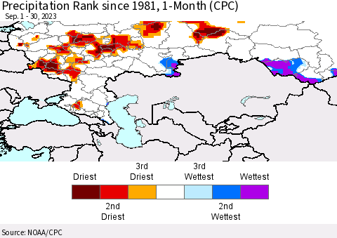 Russian Federation Precipitation Rank since 1981, 1-Month (CPC) Thematic Map For 9/1/2023 - 9/30/2023