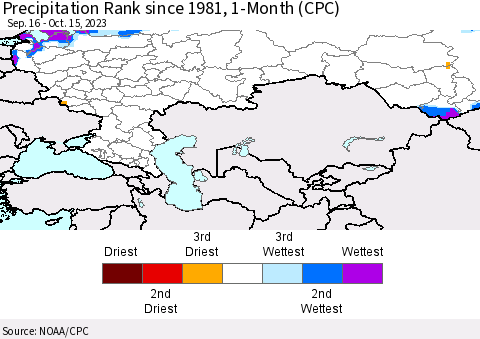 Russian Federation Precipitation Rank since 1981, 1-Month (CPC) Thematic Map For 9/16/2023 - 10/15/2023