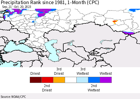 Russian Federation Precipitation Rank since 1981, 1-Month (CPC) Thematic Map For 9/21/2023 - 10/20/2023