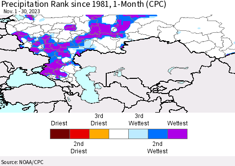 Russian Federation Precipitation Rank since 1981, 1-Month (CPC) Thematic Map For 11/1/2023 - 11/30/2023