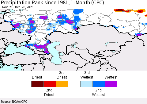Russian Federation Precipitation Rank since 1981, 1-Month (CPC) Thematic Map For 11/21/2023 - 12/20/2023