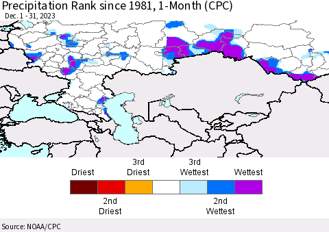 Russian Federation Precipitation Rank since 1981, 1-Month (CPC) Thematic Map For 12/1/2023 - 12/31/2023