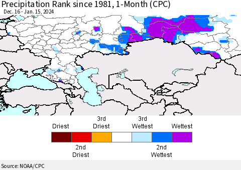 Russian Federation Precipitation Rank since 1981, 1-Month (CPC) Thematic Map For 12/16/2023 - 1/15/2024
