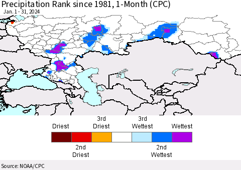Russian Federation Precipitation Rank since 1981, 1-Month (CPC) Thematic Map For 1/1/2024 - 1/31/2024