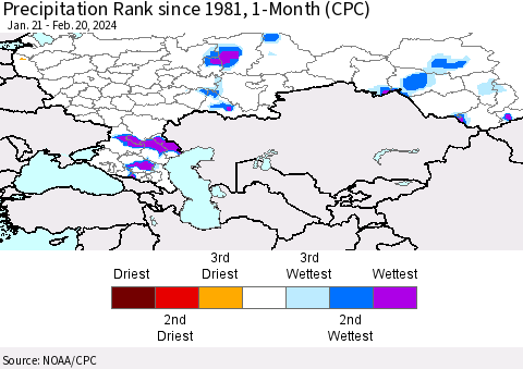 Russian Federation Precipitation Rank since 1981, 1-Month (CPC) Thematic Map For 1/21/2024 - 2/20/2024